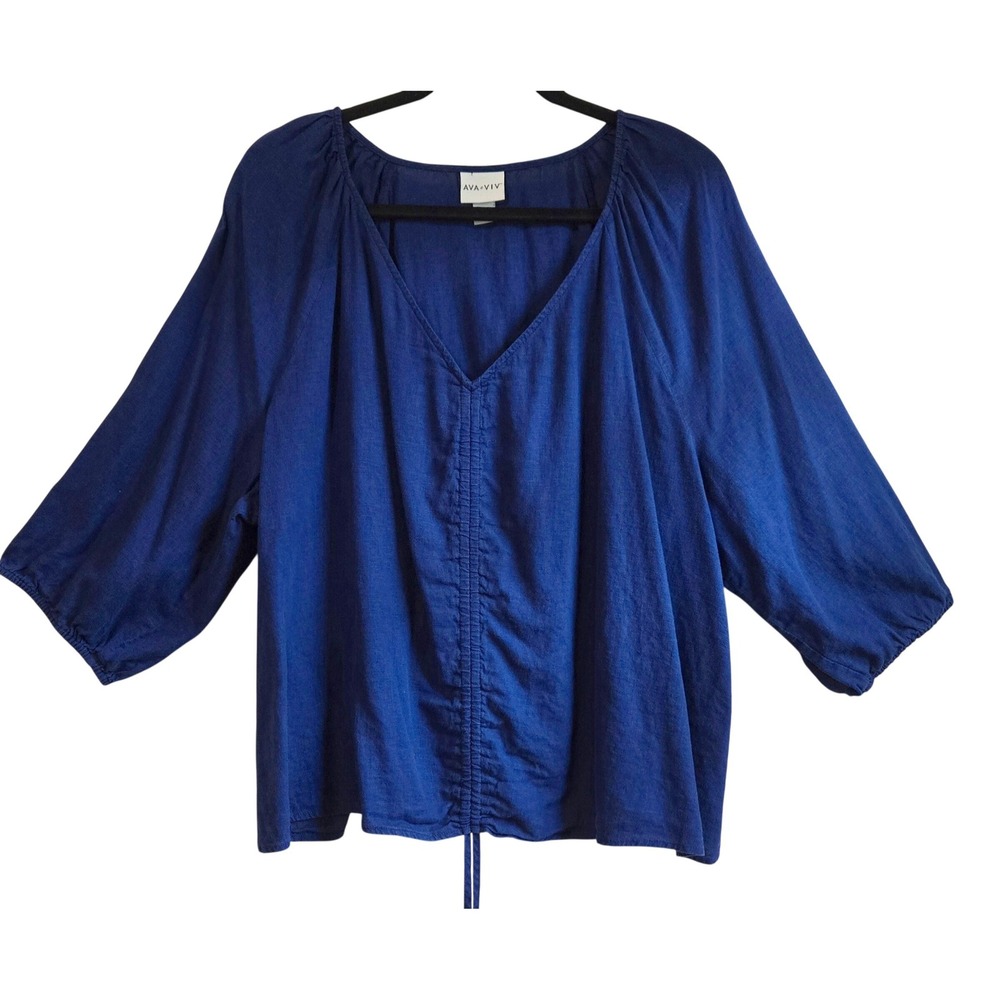Boho Chic Ava & Viv Women's 1X Blue Linen Blend Ruched V-Neck 3/4 Sleeve Blouse